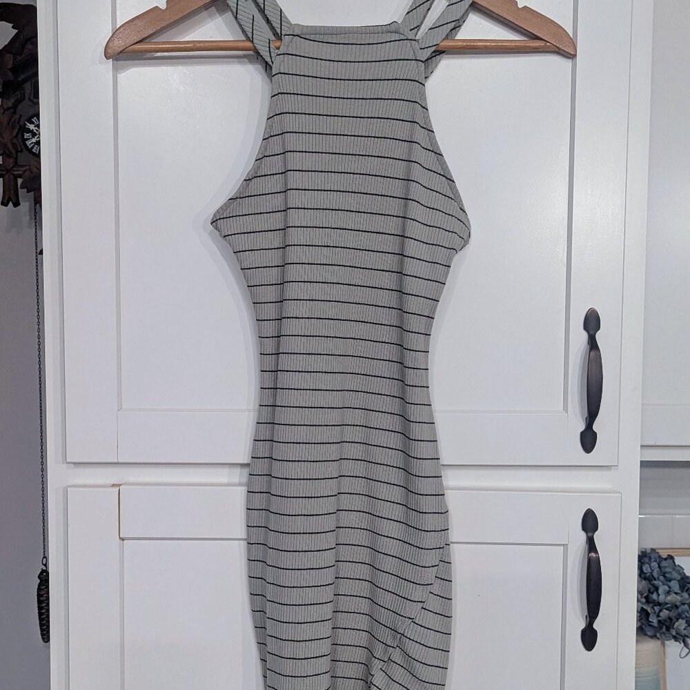 May Pink Bodycon Dress – Gray Blue with Black Stripes, Size Small – Strappy Back